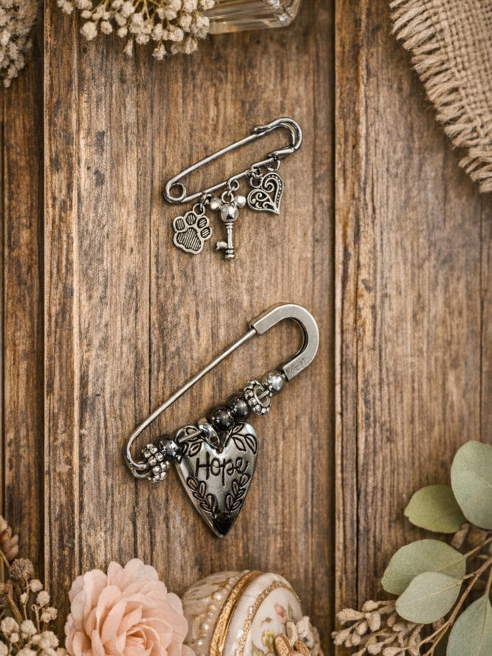 Silver Heart & Paw Charm Safety Pins - Set of 2